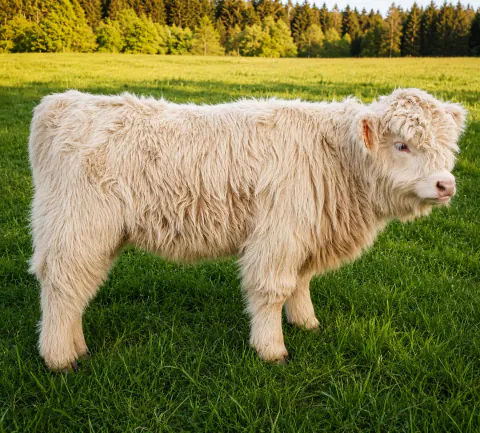 Junges weißes Highland Cattle auf einer Weide